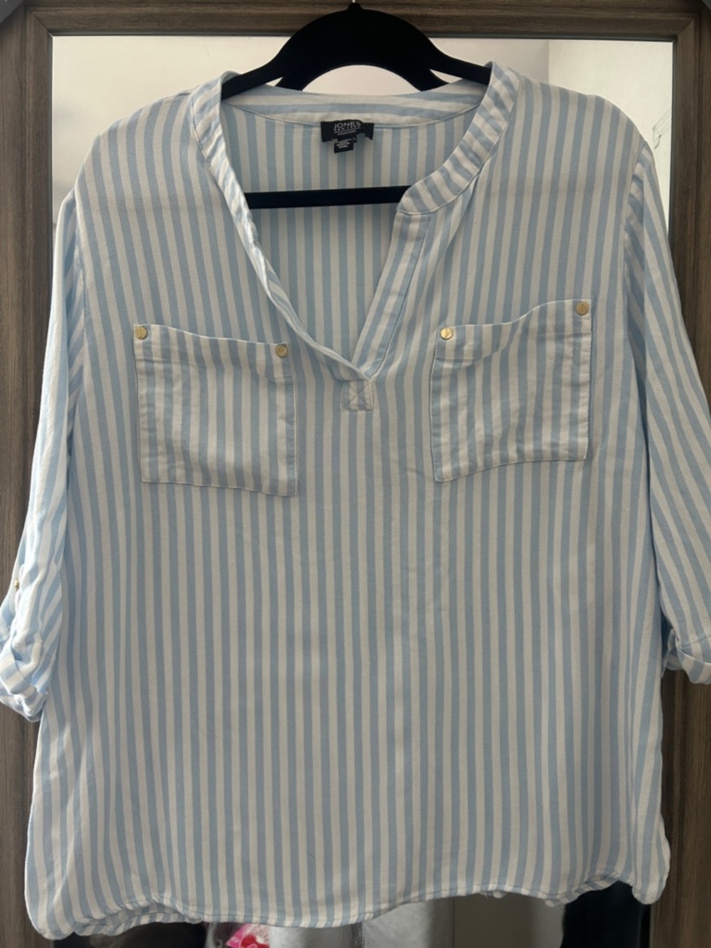 Jones New York Light Blue and White Striped V-Neck Shirt
